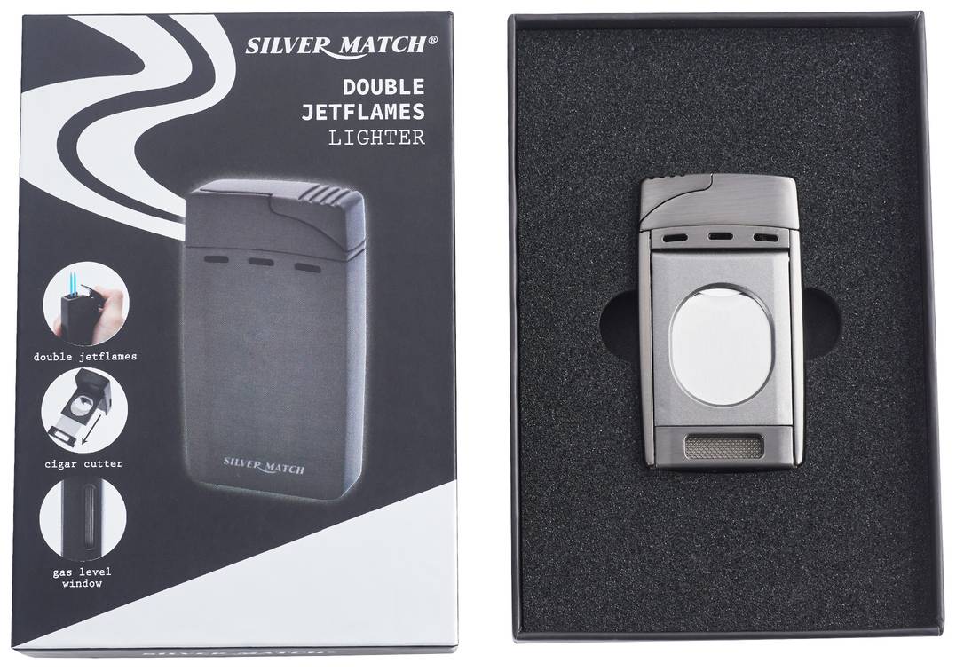 SILVER MATCH DOUBLE JETFLAMES LIGHTER WITH CIGAR CUTTER