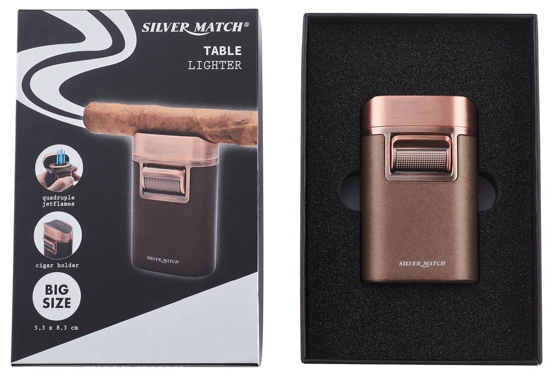 SILVER MATCH TABLE LIGHTER QUADRUPLE JETFLAMES CIGAR HOLDER