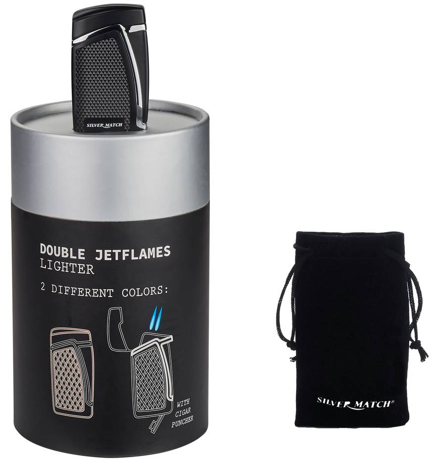 SILVER MATCH DOUBLE JETFLAMES LIGHTER WITH CIGAR PUNCHER